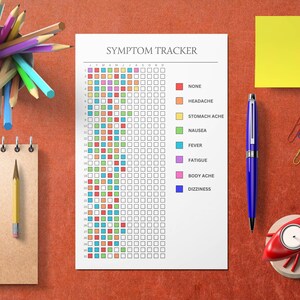 May include: A symptom tracker chart with a grid of colored squares representing different symptoms like headache, stomach ache, nausea, fever, fatigue, body ache, and dizziness. The chart is on a red surface with a yellow sticky note, a blue pen, a notepad, pencils, and a red bird figurine.