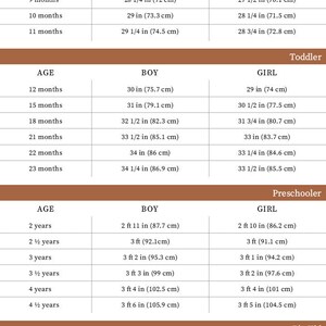 May include: A chart showing clothing size recommendations for babies, toddlers, preschoolers, and big kids based on age and gender. The chart includes measurements in inches and centimeters.