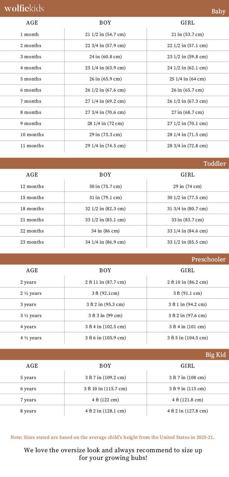 May include: A chart showing clothing size recommendations for babies, toddlers, preschoolers, and big kids based on age and gender. The chart includes measurements in inches and centimeters.