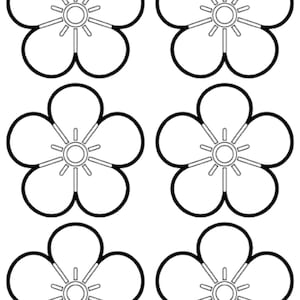 May include: Six identical black and white floral designs. Each flower has five rounded petals with a thick black outline. The center of each flower features a circular design with radiating lines.