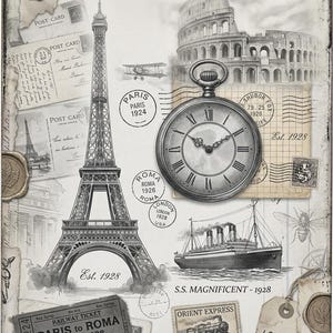 Könnte beinhalten: Vintage-Stil-Illustration mit Eiffelturm, Kolosseum, Taschenuhr und Dampfer. Das Design umfasst Postkarten, Briefmarken und den Text "The Grand European Tour". Das Bild ist in Schwarzweiß gehalten.
