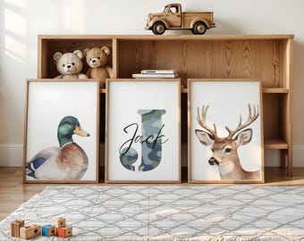 Hunting Nursery Wall Art, Hunting Nursery Wall Decor, Mallard Duck Nursery Wall Art, Duck Nursery Art, Deer Hunting Decor Physical Print Set