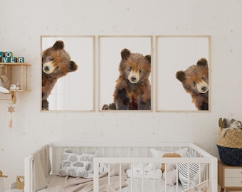 Woodland Bear Nursery Wall Art, Peeking Bear Posters, Peekaboo Kids Room Decor, Digital Download, Woodland Brown Bear Home Decor