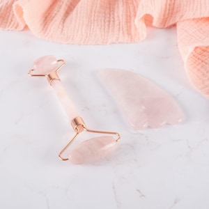 Rose Quartz Gua Sha and Face Roller Set: Skincare Beauty Tool