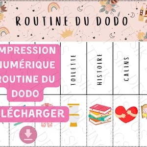 Pode incluir: Um gráfico de rotina imprimível para crianças com um fundo rosa com estrelas e luas. O gráfico inclui as palavras "Routine du Dodo" e tem seções para "Toilette", "Histoire", "Calins" e "Dodo". O gráfico também inclui um botão de download e imagens de um banheiro, uma pilha de livros, um coração e uma cama.