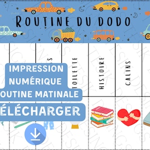 Pode incluir: Um gráfico imprimível azul e branco com o título "Routine du Dodo" e ilustrações de carros. O gráfico é dividido em seis seções com os títulos "Bain", "Impression Numérique", "Toilette", "Histoire", "Calins" e "Dodo".
