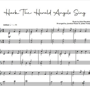 May include: A page of sheet music featuring the title "Hark The Herald Angels Sing". The music is arranged by Janette Mason & James Thompson, with music by Felix Mendelssohn. The page displays musical notation with treble and bass clefs.