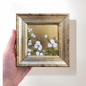 White Flowers Painting on Gold Leaf, 5x5 Inch Original Signed Miniature Art, Tiny Oil painting in Gold Frame, Small Botanical Wall Art