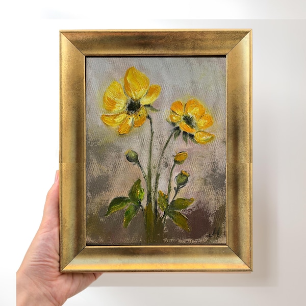 Pintura al óleo de amapolas naranjas, arte floral original enmarcado de 8 x 10, arte de pared para sala de estar