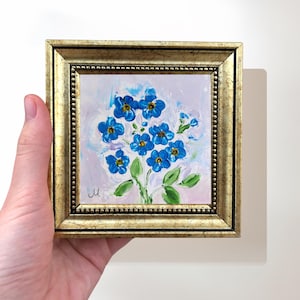 Forget Me Not Painting on Canvas, 4x4 Inch Original Signed Miniature Art, Blue Flowers Painting in Gold Frame, Forget Me Not Gift