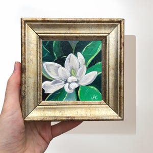 Modern Tiny Magnolia Painting in Gold Frame, 5.5x5.5 Inches Original Signed Framed Art, Eclectic Gallery, Emerald Green Art
