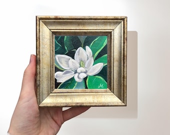 Framed Magnolia Oil Painting 5x5 – Mini Floral Wall Art – Small Original Canvas Spring Decor