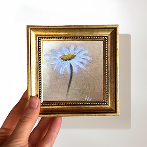 Daisy Painting on Gold Leaf, Original Signed 4x4 Inch Gold Framed Miniature Art, Gift for Daisy Lovers