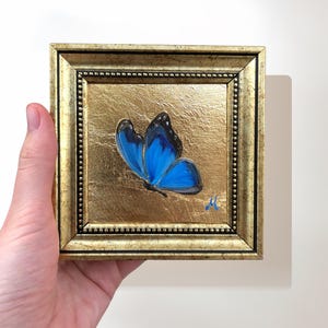 Blue Butterfly Painting on Gold Leaf, 4x4 Inch Original Miniature Art, Vintage Gold Framed Butterfly Wall Decor,  Gift for Her