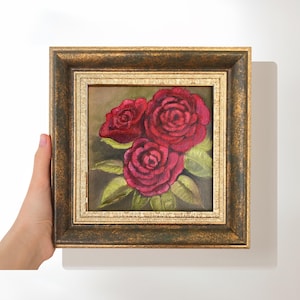 Red Roses Oil Painting in Vintage Gold Frame - 9x9 Inches Signed by Artist, Small Original Art, Vintage Rose Artwork, Livingroom Wall Art