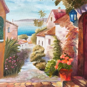 Large Charming Tuscany Oil Painting: Italy Landscape Art on Canvas, Quaint Italian Village Streets, Livingroom Art, Large Oil Painting
