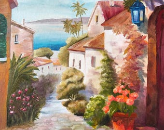 Tuscany Streets Painting: Italy Landscape Art on Canvas, Quaint Italian Village Streets