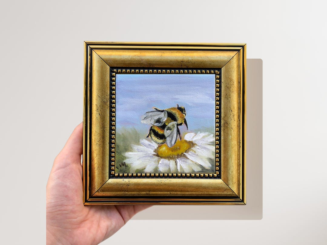 Vintage Bee Oil Painting, 6x6 Inch Gold Framed Original Honey Bee Wall ...