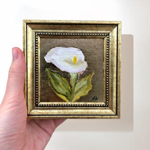 Calla Lily Painting on Gold Leaf, 4x4 Inch Original Signed Miniature Art, Tiny Oil painting in Gold Frame, Small Floral Wall Art