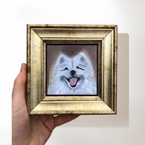 White Samoyed Dog Wall Art, Custom Dog Portrait in 5x5 Inch Vintage Gold Frame, Original Signed  Miniature Painting, Animal Wall Art