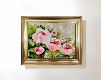 Original Pink Roses Oil Painting, Botanical Framed Wall Art