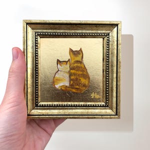 Mother Cat and Kitten Painting on Gold Leaf, 4x4 Inch Original Signed Miniature Framed Art, Cute Cats Painting in Gold Frame, Gift for Her