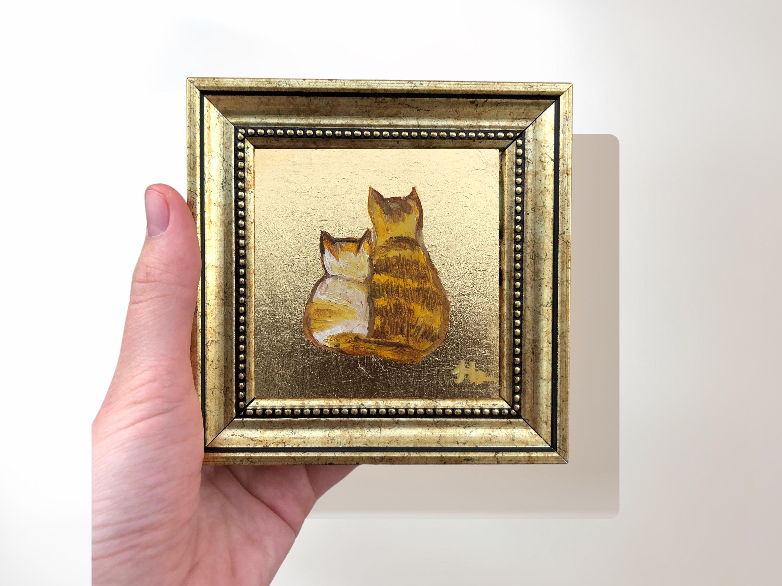 Mother Cat and Kitten Painting on Gold Leaf, 4x4 Inch Original Signed Miniature Framed Art, Cute Cats Painting in Gold Frame, Gift for Her
