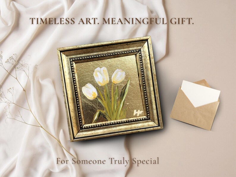 White Tulips Gold Leaf Painting, Original Signed Miniature Framed Art image 3