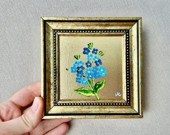 Framed Forget Me Not Oil Painting – Mini Floral Canvas Wall Art