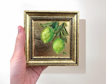 Miniature Lime Tree Painting on Gold Leaf; 4x4 Small Framed Art, Kitchen Wall Decor