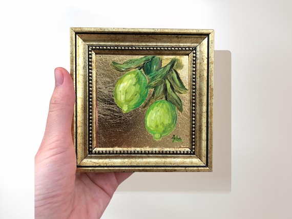 Miniature Lime Tree Painting on Gold Leaf; 4x4 Small Framed Art, Kitchen Wall Decor