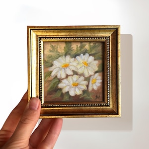 Stunning Daisy Field Oil Painting - 5x5 Inches Original Signed Framed Art, Daisies Painting in Gold Frame, Gift for Her