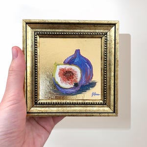 Fig Art on Gold Leaf, 4x4 Inch Original Signed Miniature Framed Art, Small Fruit Painting in Vintage Gold Frame, Kitchen Wall Decor