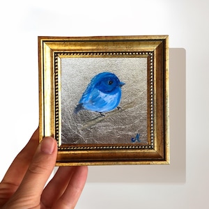 Cute Blue Bird Painting on Gold Leaf, Original Miniature Art, 4x4 Inch Gold Framed Bird Artwork