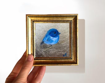 Cute Blue Bird Painting on Gold Leaf, Original Miniature Framed Oil Painting, 4x4 Inch Vintage Gold Framed Bird Art, Cute Animal Painting