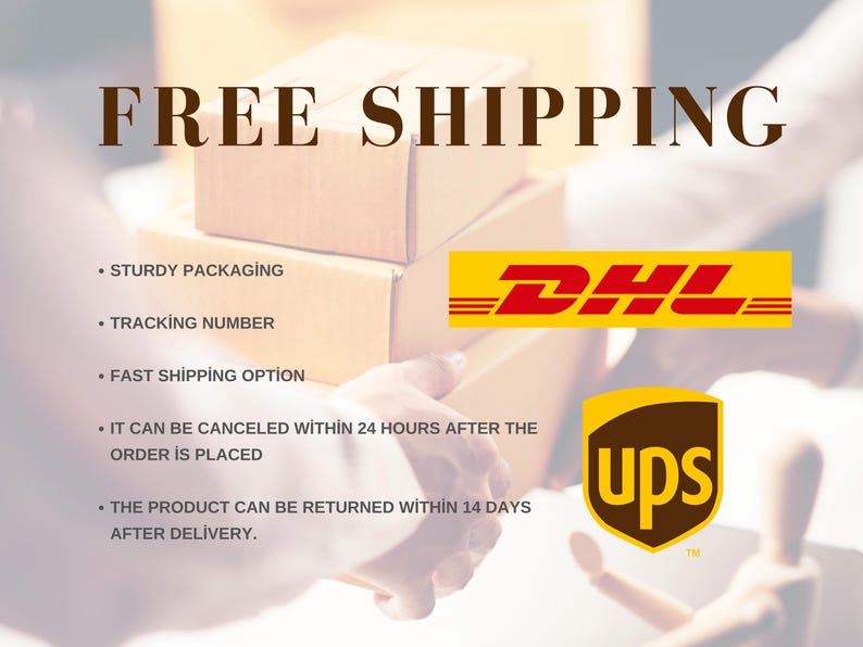 K&ouml;nnte beinhalten: Kostenloser Versand wird f&uuml;r Bestellungen angeboten. Das Bild zeigt eine Hand, die ein Paket mit den Logos von DHL und UPS h&auml;lt. Der Text auf dem Bild lautet: "Kostenloser Versand", "Robuste Verpackung", "Sendungsverfolgungsnummer", "Schnelle Versandoption", "Kann innerhalb von 24 Stunden nach Auftragserteilung storniert werden" und "Das Produkt kann innerhalb von 14 Tagen nach Lieferung zur&uuml;ckgegeben werden."
