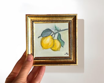 Lemon Oil Painting on Canvas; 5x5 Original Art, Kitchen Wall Decor, Vintage Framed Art