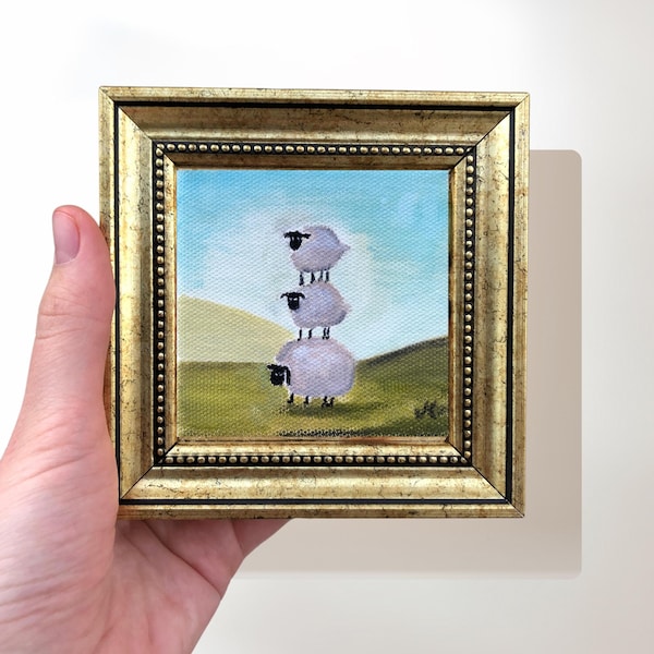 Funny Sheep Painting, 4x4 Framed Canvas Wall Art, Funny Artwork