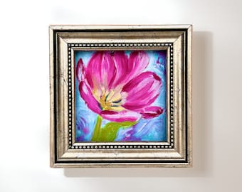 Original Oil Painting Pink Tulip, Mini Floral Art, Framed Flower Wall Decor