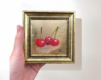 Kirschmalerei auf Blattgold; 4x4 gerahmte Wandkunst, Küchenwanddekor