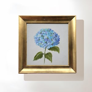 Aesthetic Blue Hydrangea Painting on Canvas, 7.5x7.5 Inches Original Signed Framed Artwork, Wall Art for Living Room, Blue Hydrangea Decor