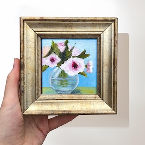 Small Artwork: Pink Rose in Vase, 5x5 Inches  Original Signed Framed Art, Vintage Oil Painting in Canvas, Living Room Decor