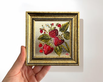 Original Strawberry Painting, Handmade Botanical Wall Art on Gold Leaf, Framed Miniature Fruit Decor