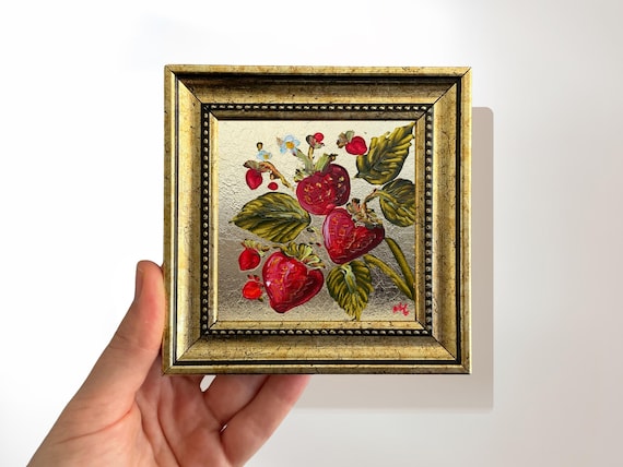 Original Strawberry Painting, Handmade Botanical Wall Art on Gold Leaf, Framed Miniature Fruit Decor