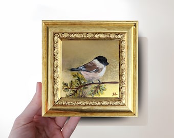 Chickadee Bird Painting on Gold Leaf, Original Artwork in Gold Frame (5x5 Inch)