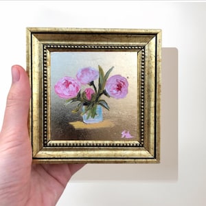 Peony Flowers in a Vase Painting on Gold Leaf, 4x4 Inch Original Signed Miniature Art, Birth Month Flower Artwork, Birthday Gift for Her