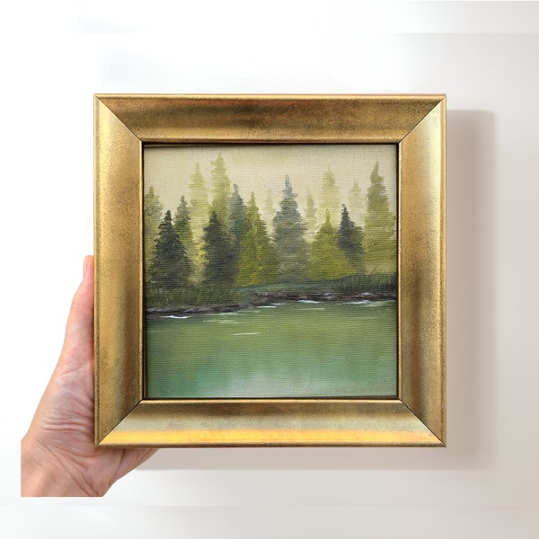 Original Forest Oil Painting, Handmade Pine Tree Landscape, Framed Miniature Lake Art, Misty Nature
