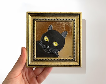 Original Black Cat Wall Art, 4x4 Framed Artwork, Cat Lover Gift