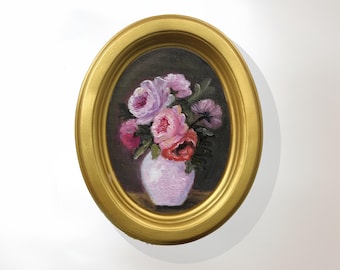 Origineel stilleven met roze rozen, gouden ovaal lijst
