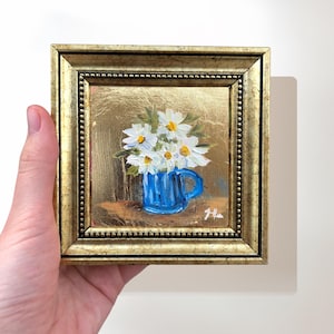 Daisies in the Vase Painting on Gold Leaf, 4x4 Inch Original Signed Miniature Art, Tiny Daisy Painting in Gold Frame, Small Wall Art